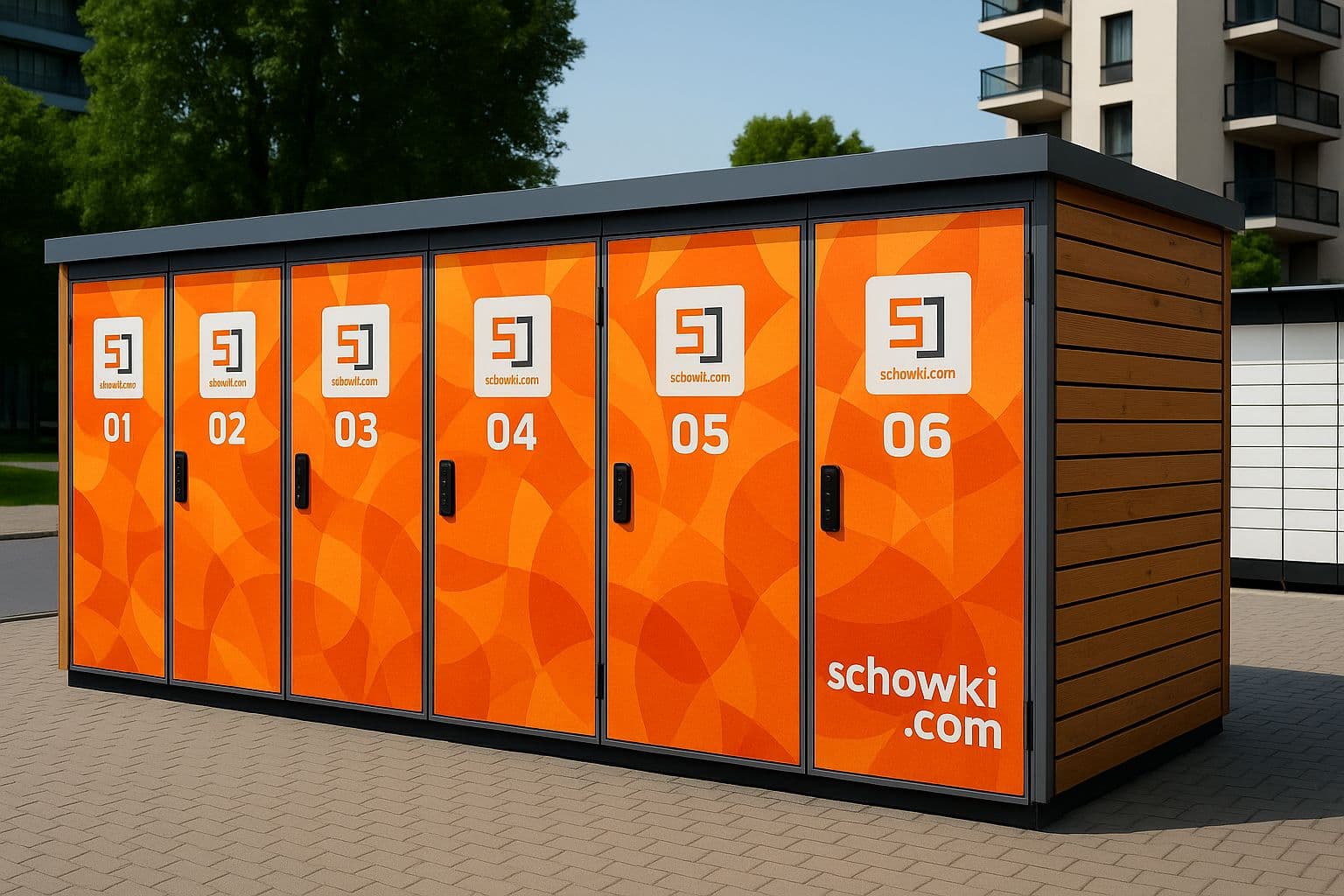 A Schowkomat with six orange doors and a wooden side wall in a residential neighbourhood